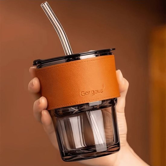 400ML Glass Tumbler Cup Lid with Straw Home and Kitchen