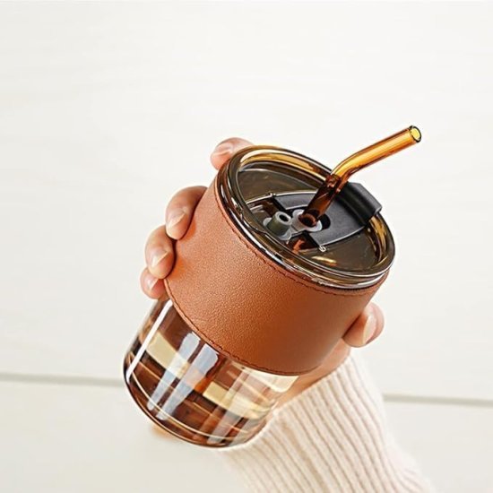 400ML Glass Tumbler Cup Lid with Straw Home & Kitchen