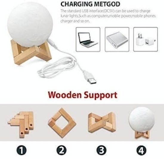 Moon Lamp Night Light With Wooden Stand 15 cm Home Improvement